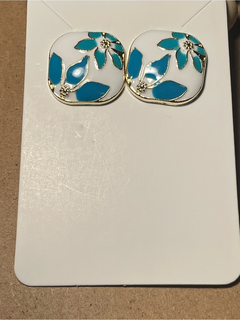 Turquoise and White Enamel Floral Square Stud Earrings - Women Jewelry